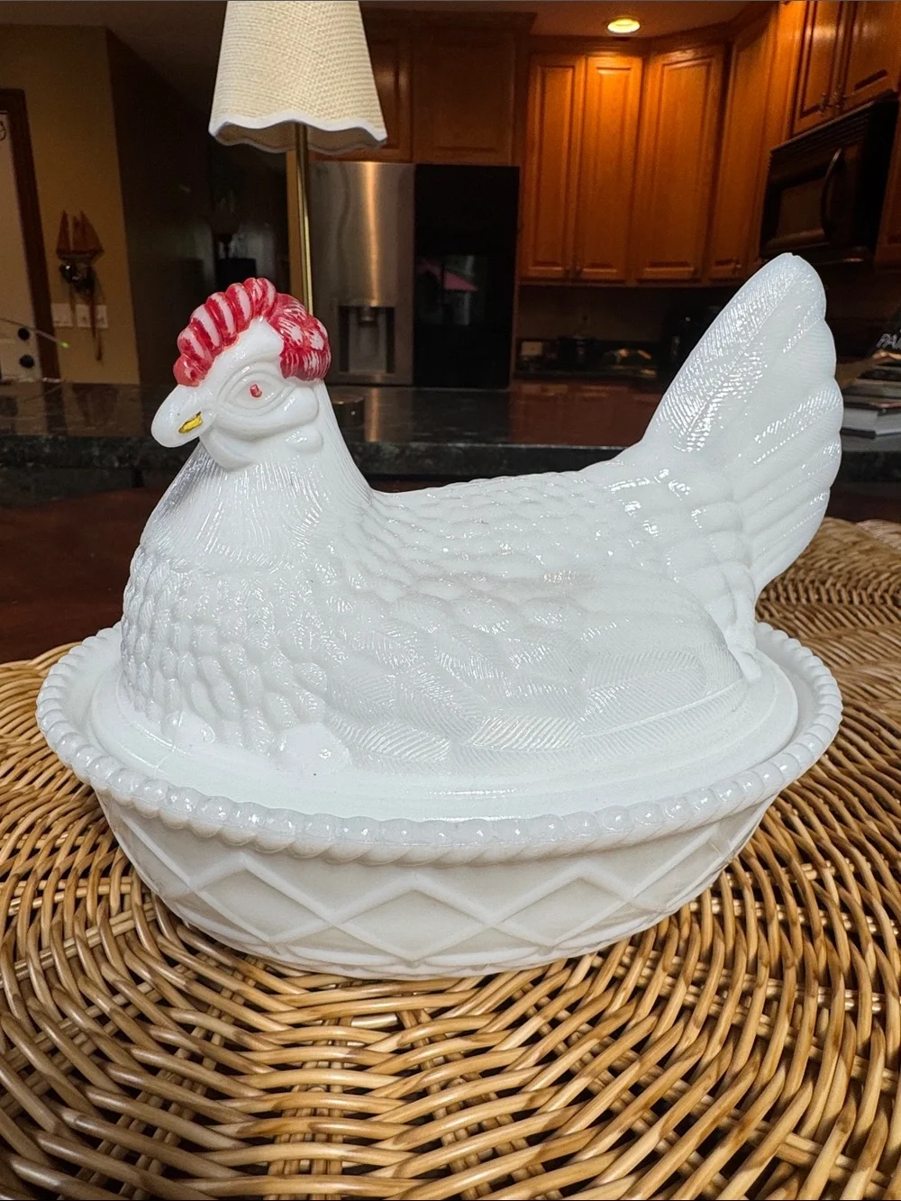 White Ceramic Hen on Nest Covered Dish with Red Comb